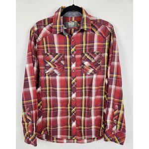 BKE Pearl Snap Standard Fit Shirt Mens Sz M Red Blue Plaid Western